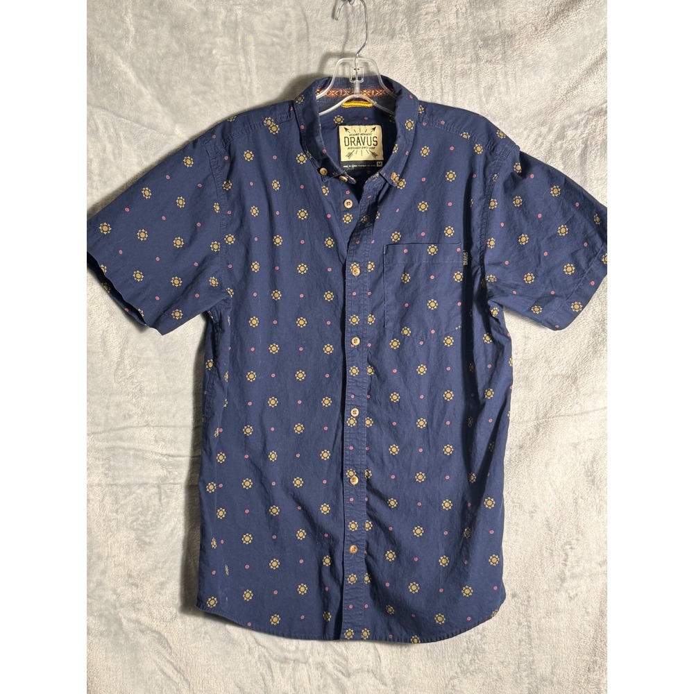 Dravus Mens Navy‎ Blue Geometric Sun Print Short Sleeve Button Down Shirt Medium